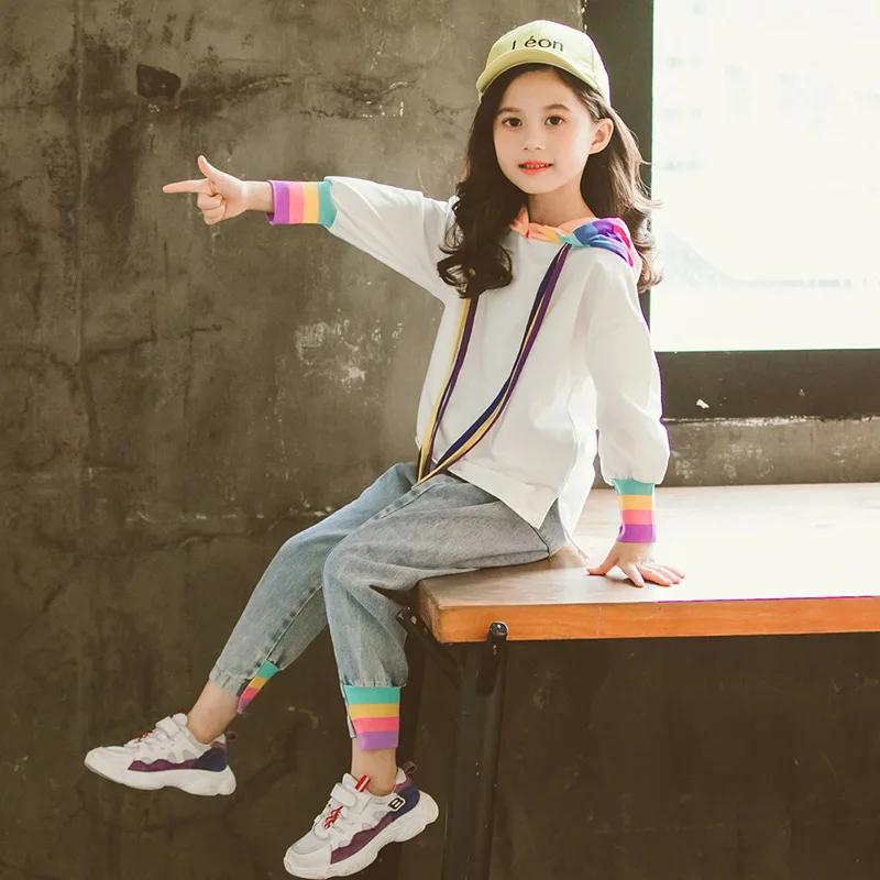 Детские комплекты для девочек сезон весна осень костюм из футболки с капюшоном и