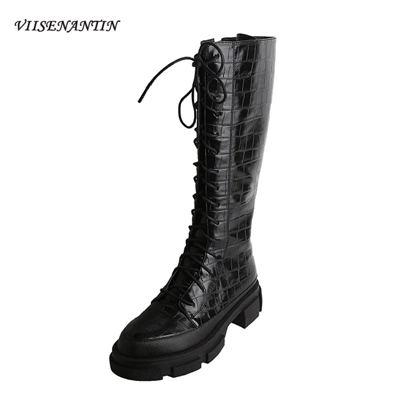 

Round Toe Thick-soled Knee-length Boots Stone Grain Cowhide Increased Cross Straps New Knight Boots High-top Martin Boots
