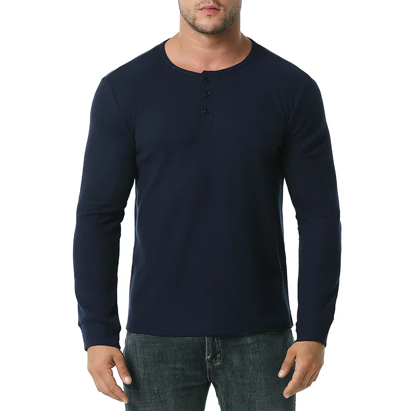 Футболка мужская Хенли с длинным рукавом приталенная рубашка из хлопка