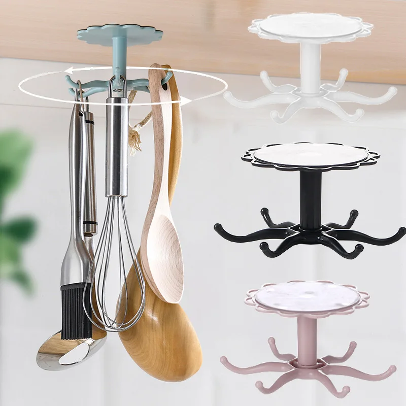 

Creative Kitchen Ceiling Wall Hanging 6-claw Rotating Hook Storage Rack Free Punching Multifunctional Kitchenware Storage Rack