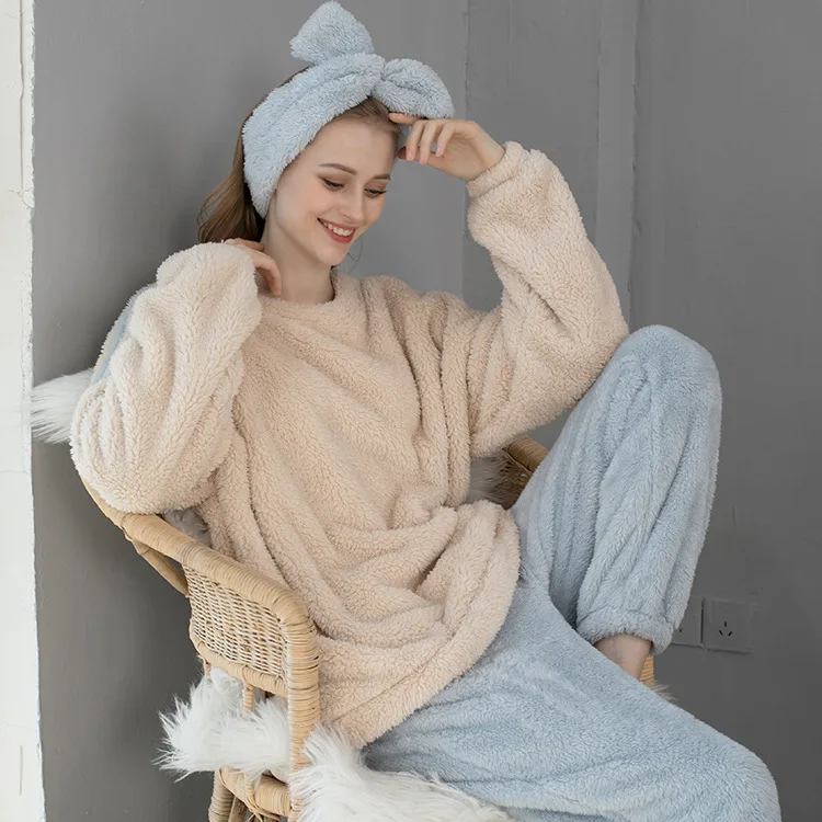 Plus Size Pajamas Plush Think Flannel Women Sleeping Dress Casual Homewear Solid Round Neck Full Length Pajama Set Women
