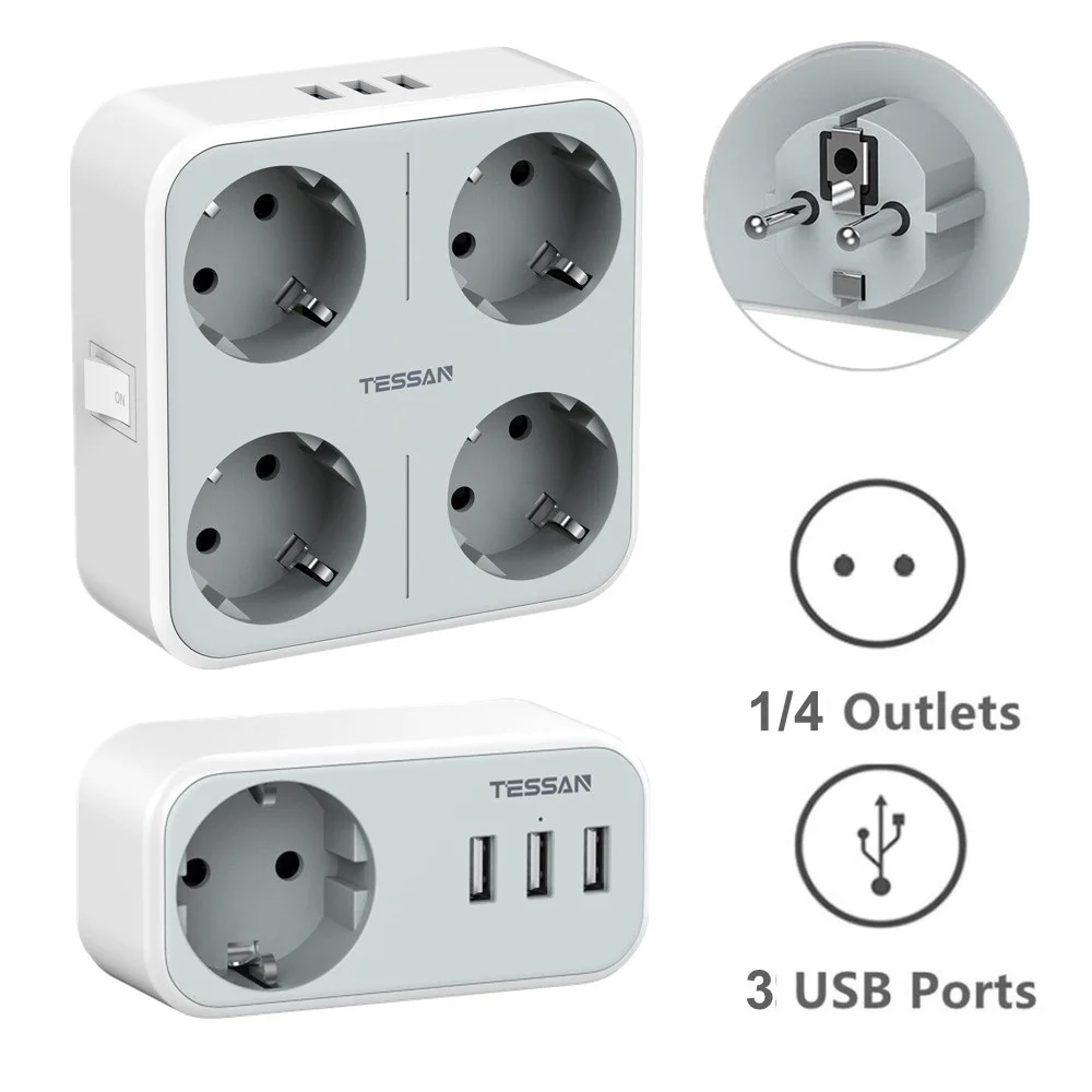 

TESSAN EU Mulitple Wall Socket Adapter with Switch 4 AC Outlets and 3 USB Charging Ports 5V 2.4A Power Strip Overload Protection