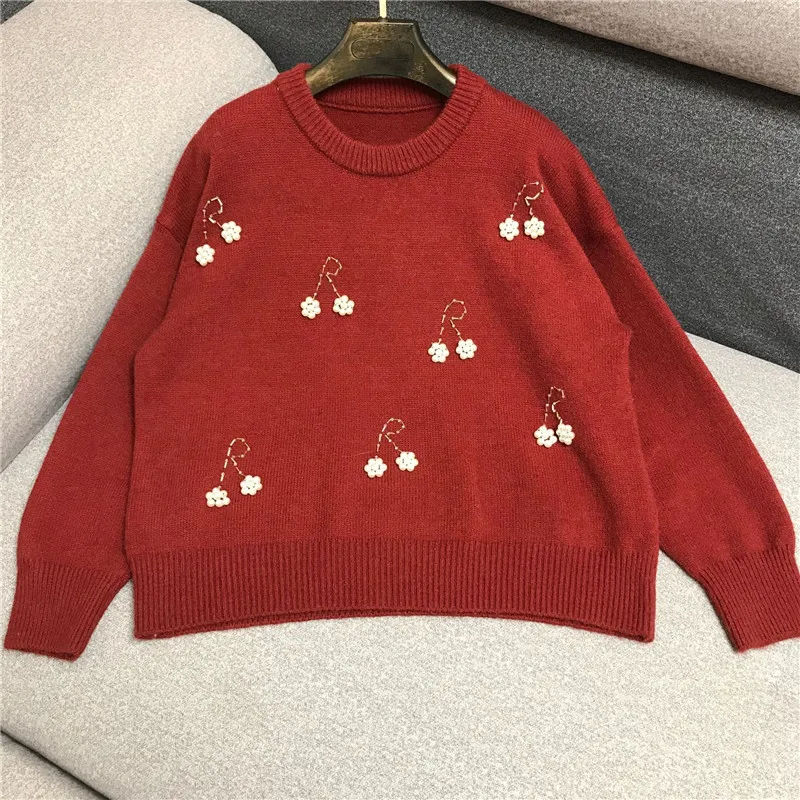 

Роскошный брендовый дизайнерский вязаный свитер для женщин, круглый вырез, бусины, цветы, Свободный вязаный пуловер