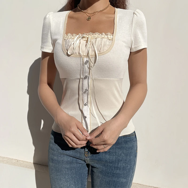 Топ женский летний трикотажный с квадратным вырезом и коротким рукавом - купить