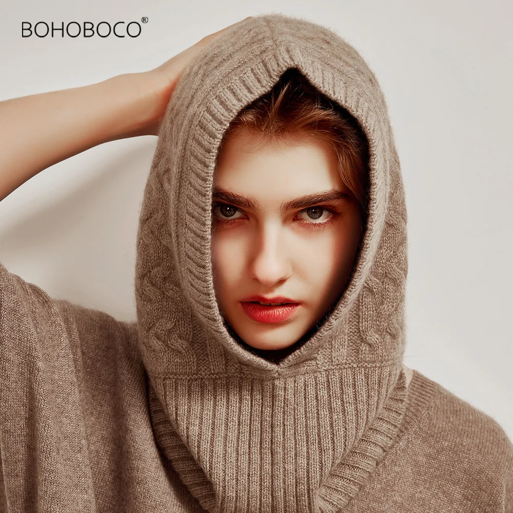 

Winter knitted women's warm hat pure cashmere cable hood wool fluffy lining