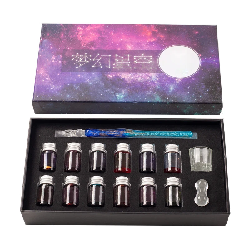 

Gradient Starry Sky Glass Fountain Dip Pen Holder Signature Ink Set Calligraphy Writing Stationery Office School Gift Box