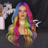 alifitov rainbow color lace front wigs water wave human hair wigs pre plucked remy hair transparent lace wigs for women