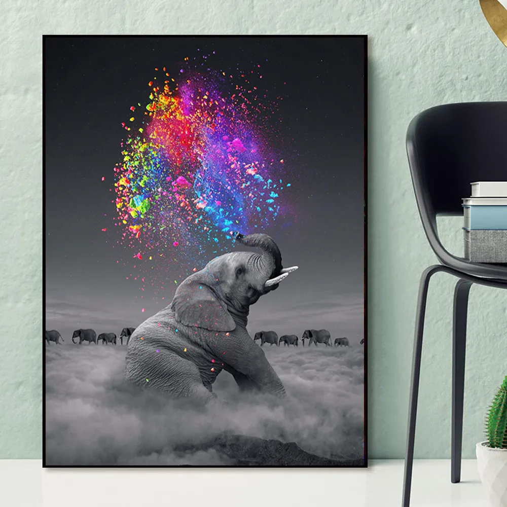 

Animal Poster Gray Elephant and Colorful Water Home Decoration Canvas Painting Decoration Bedroom Living Room Canvas Painting