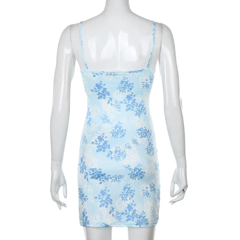 

Y2K Cute Floral Leaf Print Bodycon Women Sexy Mini Dress V Neck Spaghetti Strap Sleeveless Cami Short Dress Streetwear Clothes