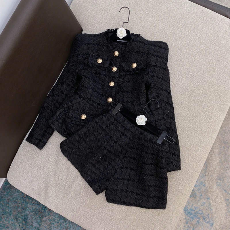 HIGH STREET 2021 New Designer Runway Suit Set Women's Gold Buttons Tweed Jacket Shorts Set