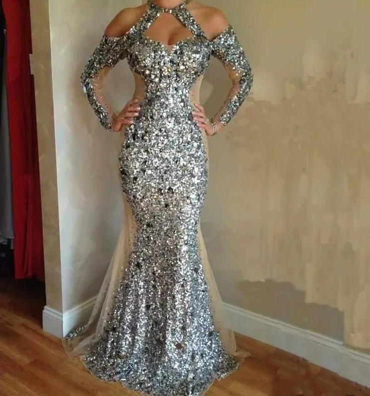 

Vestidos de Nioiva 2020 Luxurious Sequin Crystals Mermaid Evening Dresses Long Sleeve Halter Evening Gowns Honorable Prom Dress
