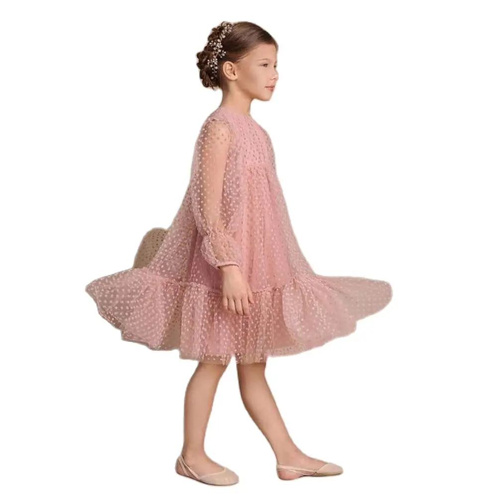 

Gardenwed Polka Dot Puffy Pink Flower Girl Dresses Kids Long Sleeves Prom Dress Tulle Ruffles Girl Weddings,Celebrity Dresses