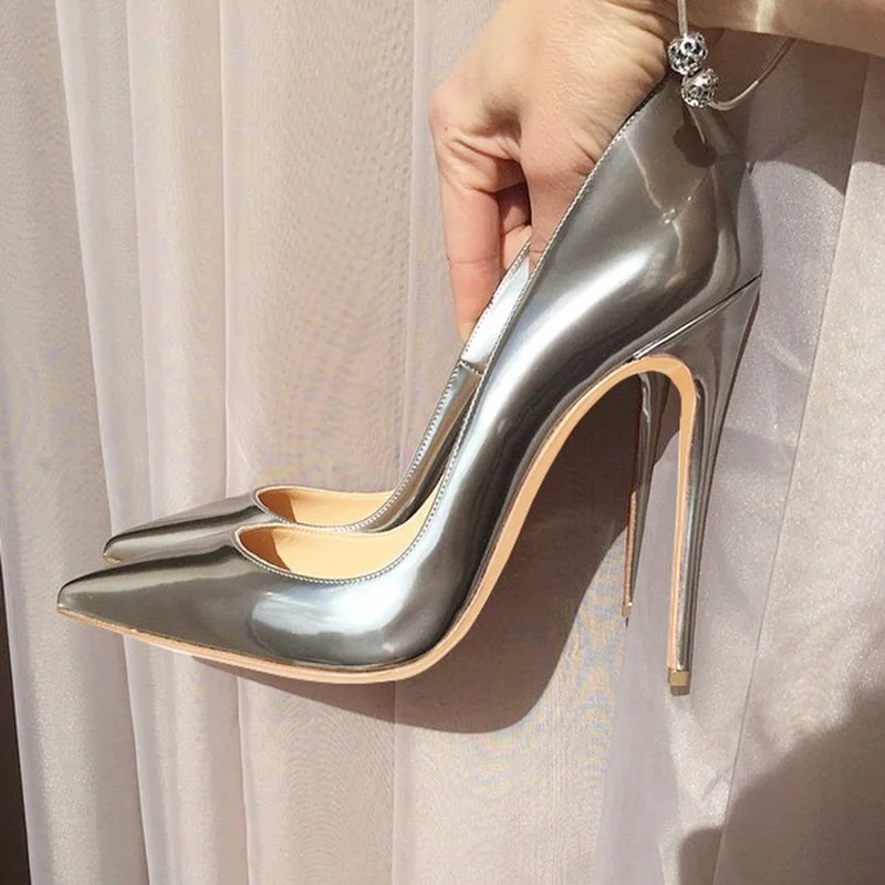 

Sexy Silver Patent Leather Stiletto Heels Pointed toe Pumps Slip-on Shallow Celebrating Shoes 12cm 10cm 8cm Plus Size 13