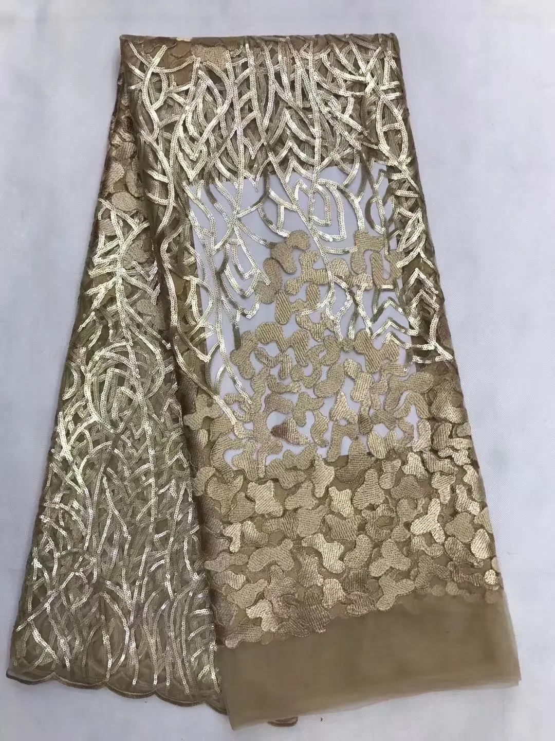 

Hot Sale French Lace 5yards/lot Cheap African Sequins Lace Fabric Gold High Quality African Tulle Lace Fabric JL1356