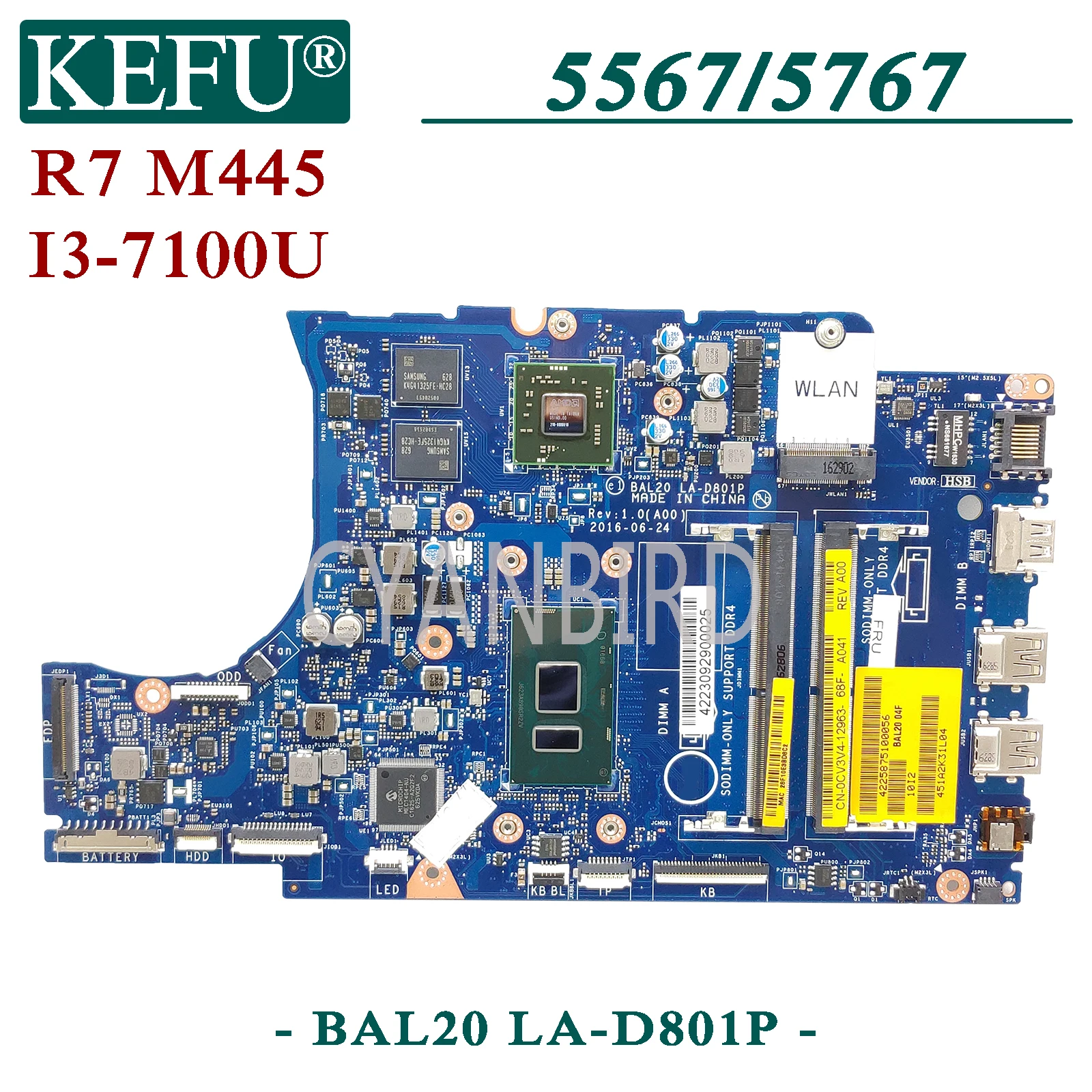 

KEFU BAL20 LA-D801P original mainboard for Dell Inspiron 15-5567 5767 with I3-7100U R7-M445 Laptop motherboard