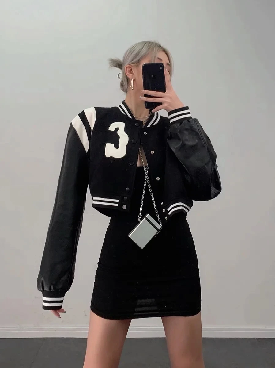 

BBWM Women PU Splicing Vintage Lapel Long Sleeve Jacket Female Single-Breasted Streetwear Loose Casual Chic Baseball Short Top