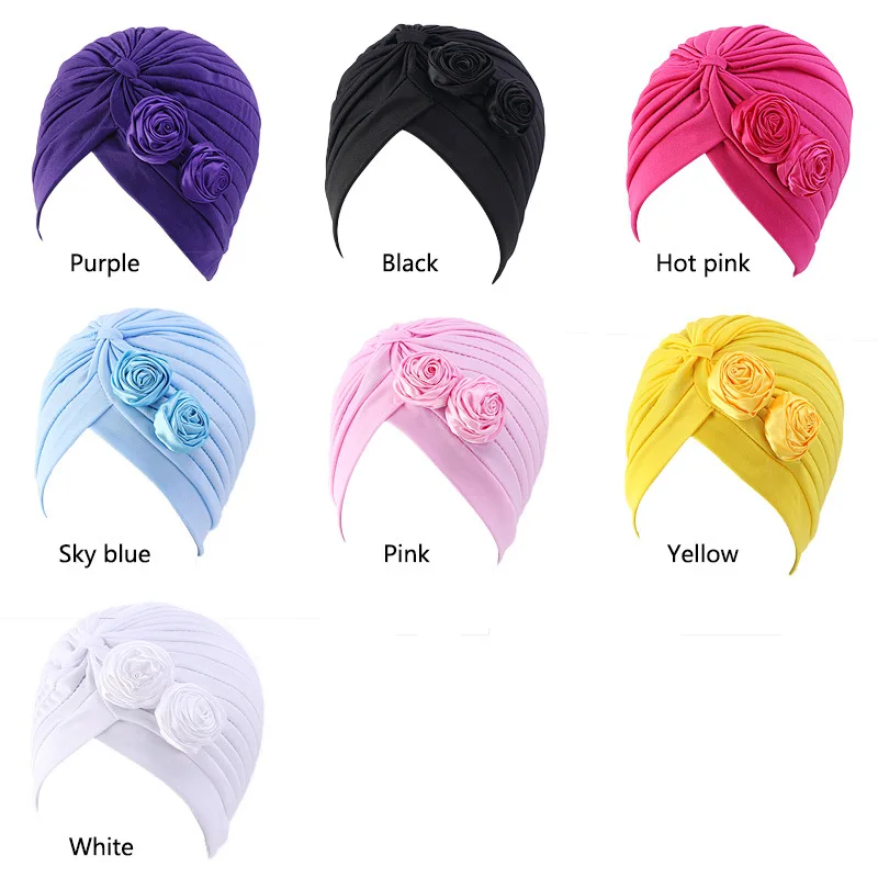 

2020 Muslim Two Flowers Stretch Turban Ruffle Hair Hats Beanie Bandanas Scarf Head Wrap Headwear for Women 19