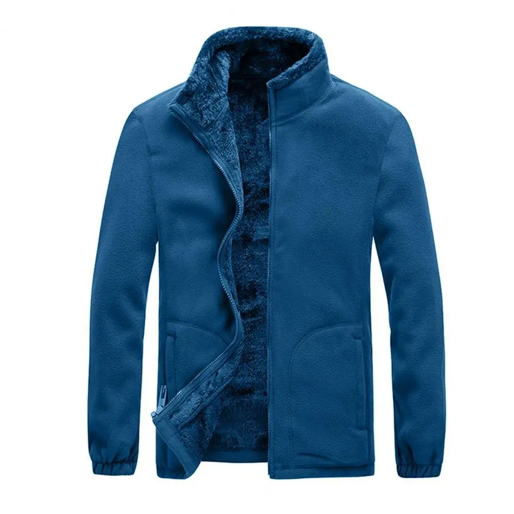 

Ele-choices Stand Collar Long Sleeve Men Jacket Fleece Zipper Closure Warm Jacket Coat Outerwear