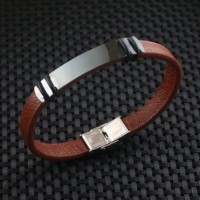 Кожаный браслет для мужчин Пряжка Застежка Черная Нержавеющая Сталь мужские