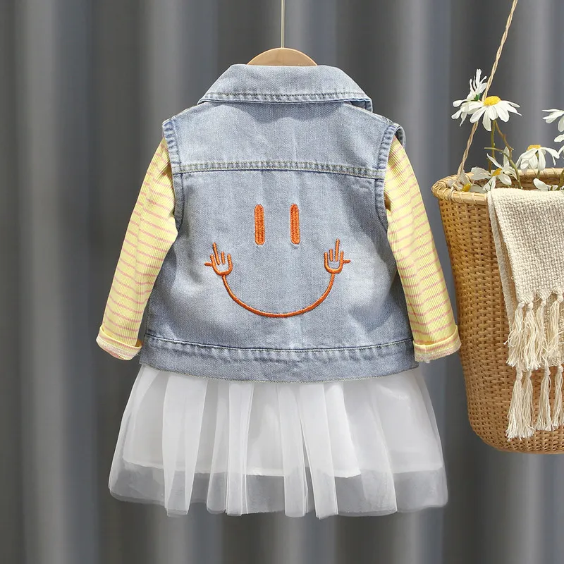 Весенние комплекты одежды для маленьких девочек 2021 джинсовый жилет + платья