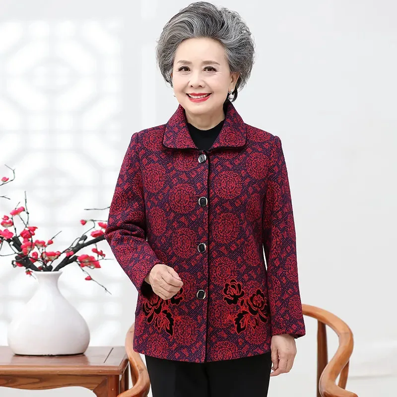 

Spring Autumn Women's Sweater Jacket Middle-aged Elderly Mothers Lapel Embroidery Woolen Coat 60 Years Old 70 Grandma Outfit