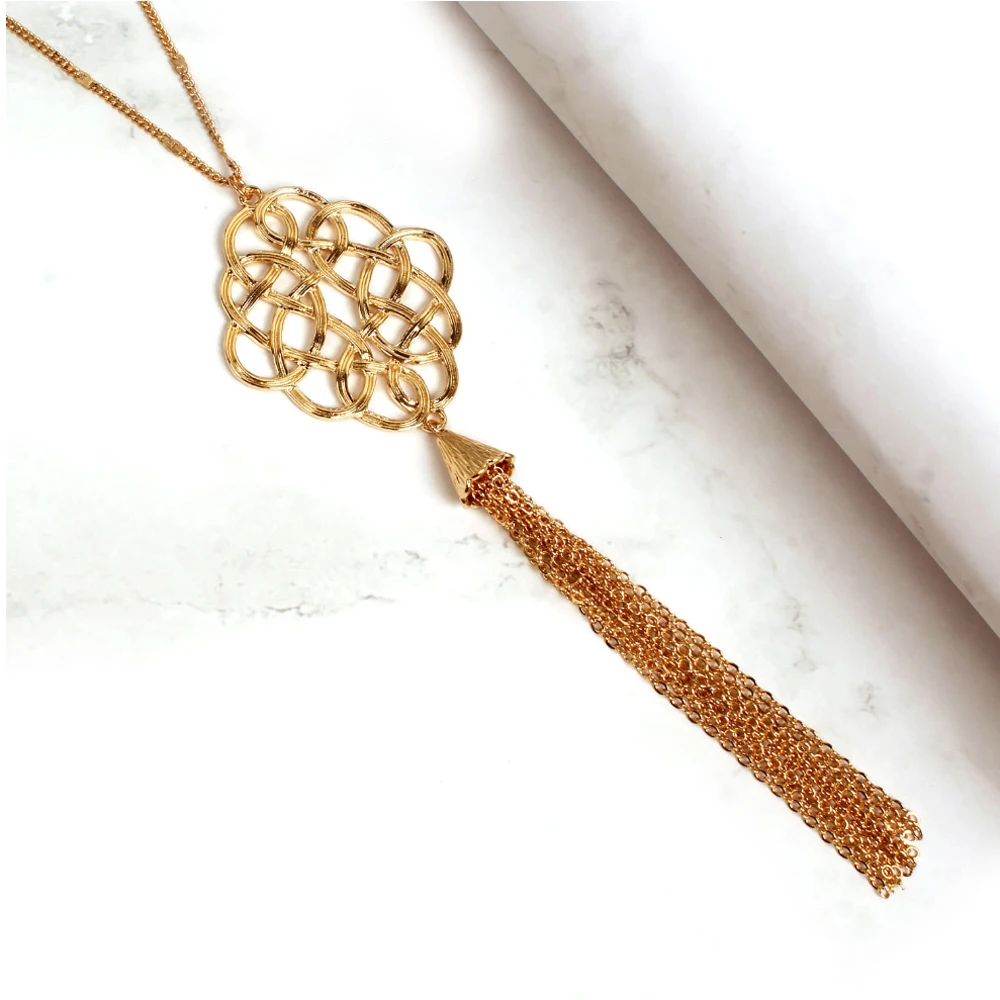 Длинное ожерелье с подвеской на свитер Ирландский Узел кисточкой серебряный