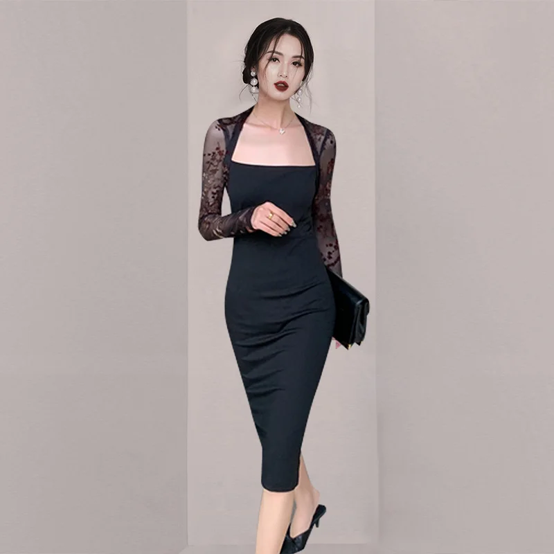 

New Autumn Fashion Designer Flocking Wave Point Dresses Women Flare Long Sleeve Elastic Mesh Elegant Party Vestidos