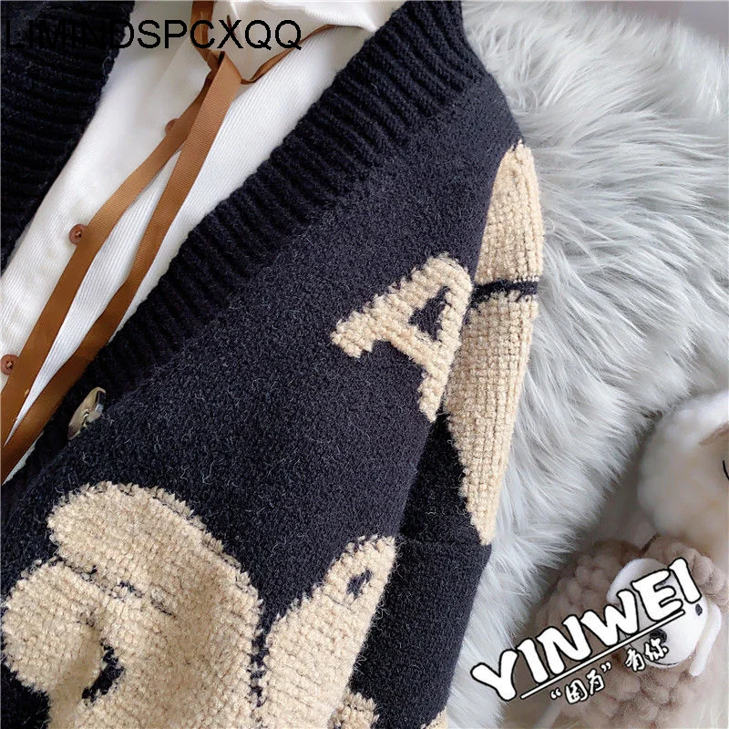 

Autumn Winter Women Cardigan Jacket 2020 Cartoon Print Loose Sweater Top Coat V Neck Letter Print Knitted Cardigan Woman Clothes