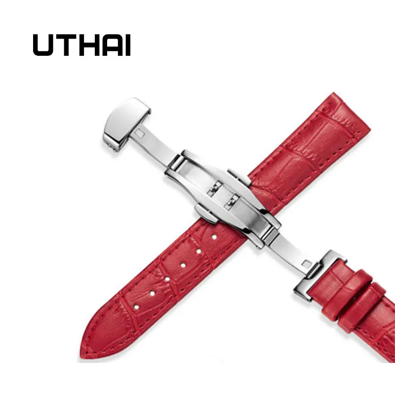 Silver-red UTHAI Z09 Plus Ремешки для наручных часов из натуральной кожи 12-24 мм Универсальные часы с бабочкой и пряжкой стальной ремешок с пряжкой 22 мм ремешок для наручных часов - Цвет ремешка: Silver-red