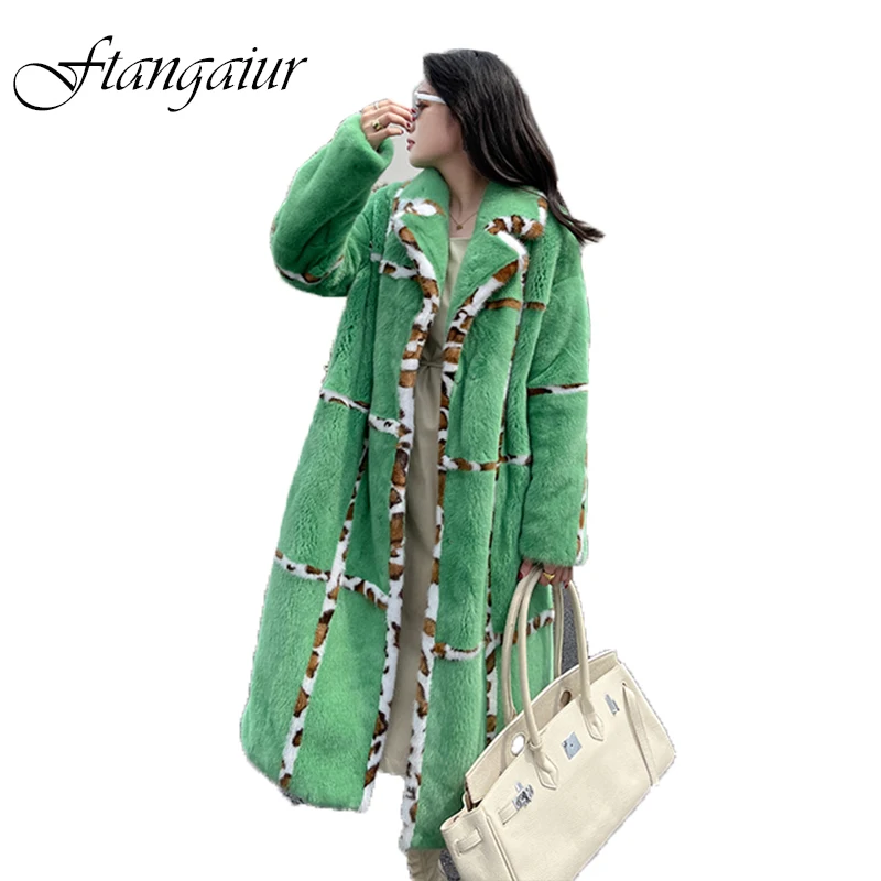 

Ftangaiur New Winter Import Purple Label Velvet Mink Fur Coat Turn-Down Collar Leopard Women X-Long Natural Real Mink Fur Coats