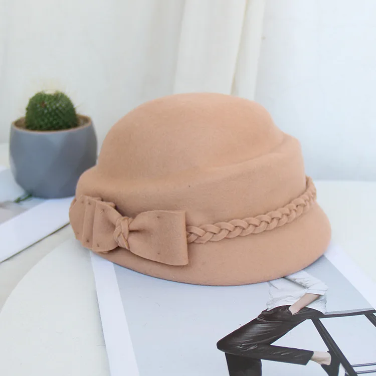 Элегантный винтажный шерстяной косичка с бантом Fedora осень зима женские