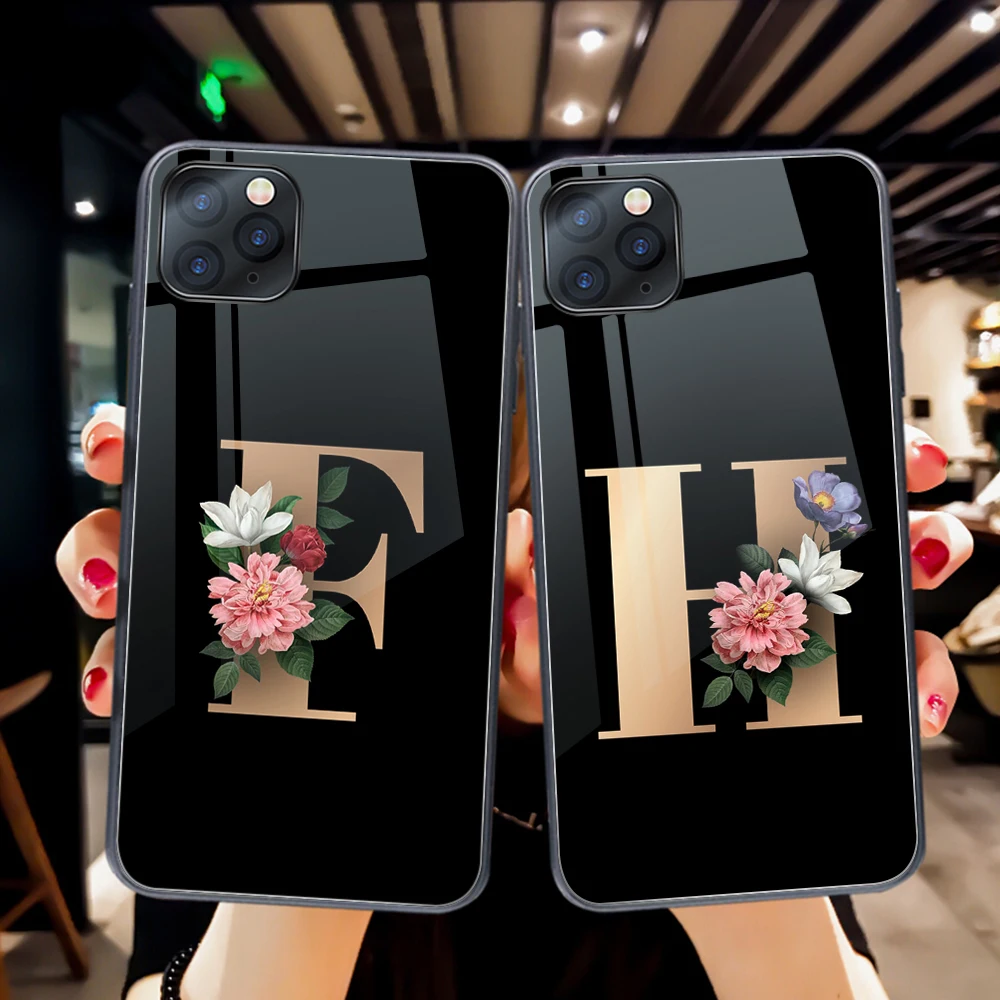 

Initial Letter A Z Case For iPhone 7 for iPhone 8 7 6 6S SE 2020 X XR XS MAX Luxury Flower Tempered Glass Phone Protection Funda