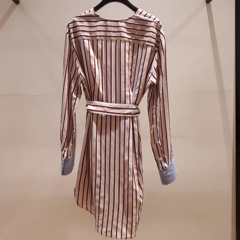 

Women Dress 2019 Spring and Summer Slim Striped V-neck Dress