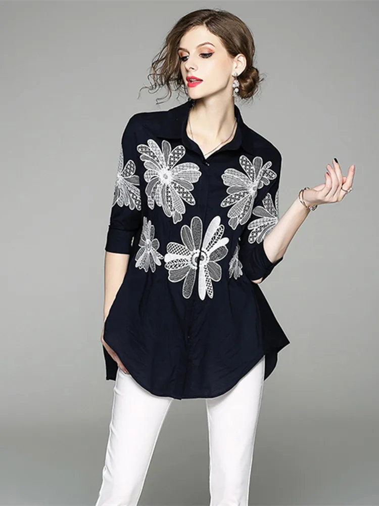 VERHELLEN High Quality Fashion 2020 Autumn Runway Designer Shirt Women's 3/4 Sleeve Flower Embroidery Casual Loose Blouse Shirts | Женская