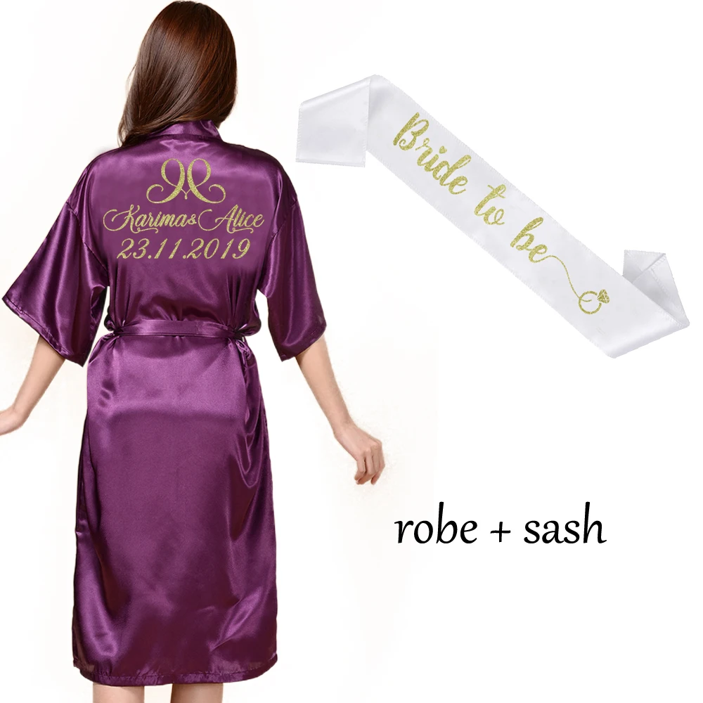 Purple robe sash Индивидуальный длинный халат, Свадебный индивидуальный халат для невесты, вечерние, имитирующий шелк, мягкий домашний банный халат для женщин, кимоно, халаты - Цвет: Purple robe sash