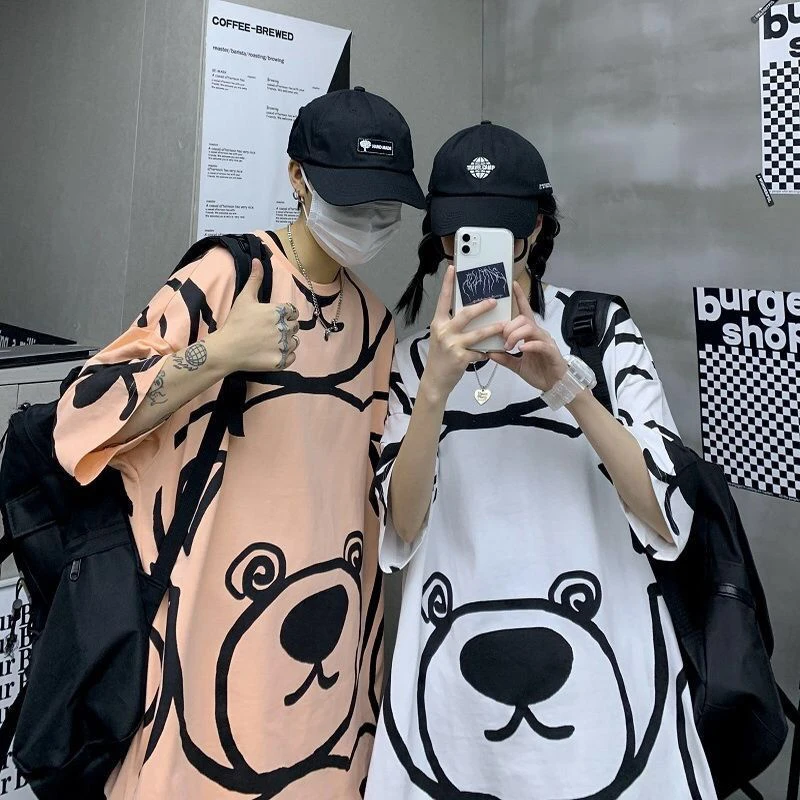 

Summer Fashion Cute Bear Graphic Women T Shirts 2xl Oversized Japanese Streetwear Hip Hop Cartoon Anime Print Couple Clothes Top