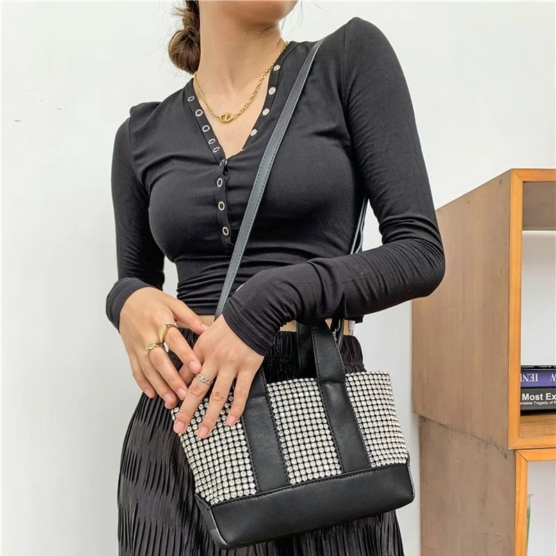 

2021 New Fashion 100% Genuine Leather Diamond-studded Portable Tote Bag Crossbody Shoulder Bag Luxury Designer Bucket Handbag Cc