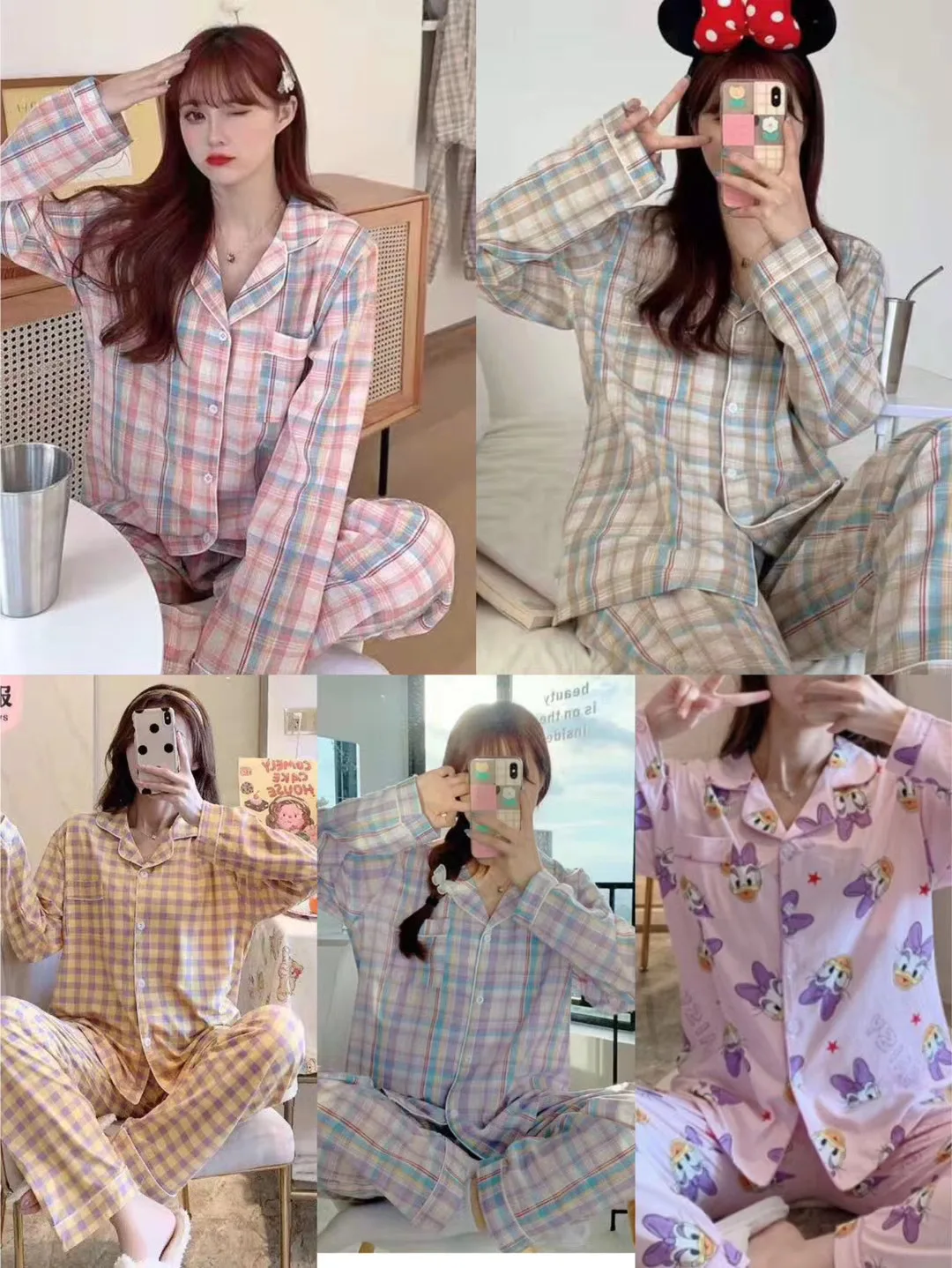 Women's Pajamas Spring Autumn Korean Long Sleeve Nightgown Cardigan Cartoon Leisure Nightwear Home Suit Sleepwear Sleep Wear