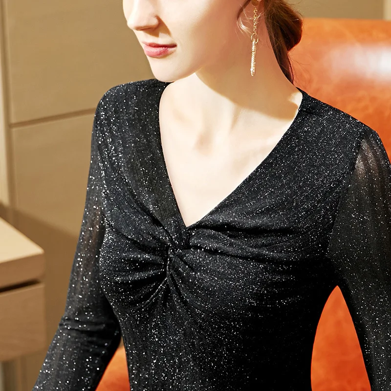 

Long sleeve T-shirt early autumn butterfly V-neck bottom shirt women's top light ripe perspective sexy foreign style small shirt