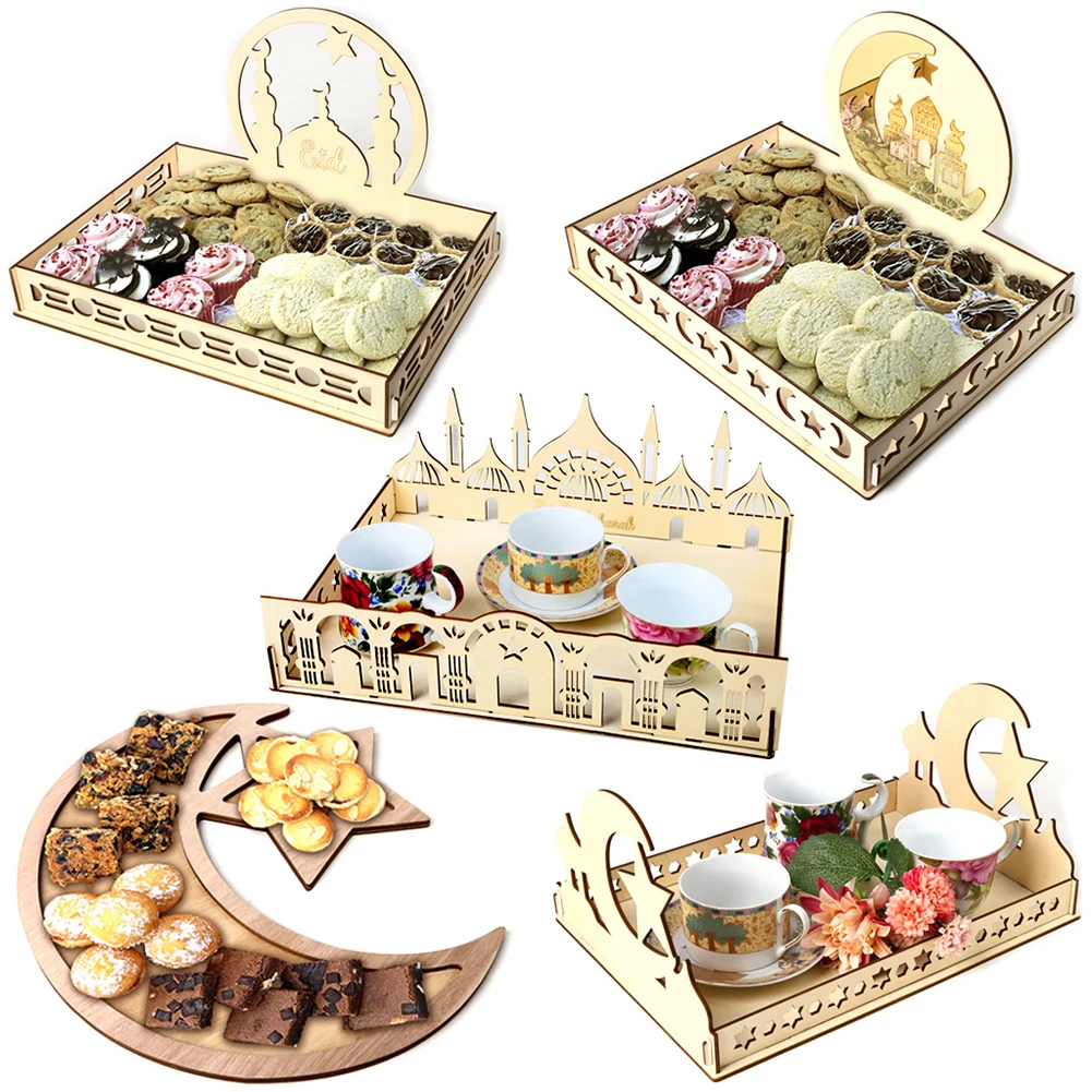 

Wooden Eid Mubarak Dessert Pastry Serving Tray Ramadan Islam Muslim Home Decor