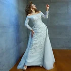 Женское свадебное платье со съемным шлейфом, изящное кружевное платье-футляр с открытыми плечами и длинным рукавом, расшитое блестками