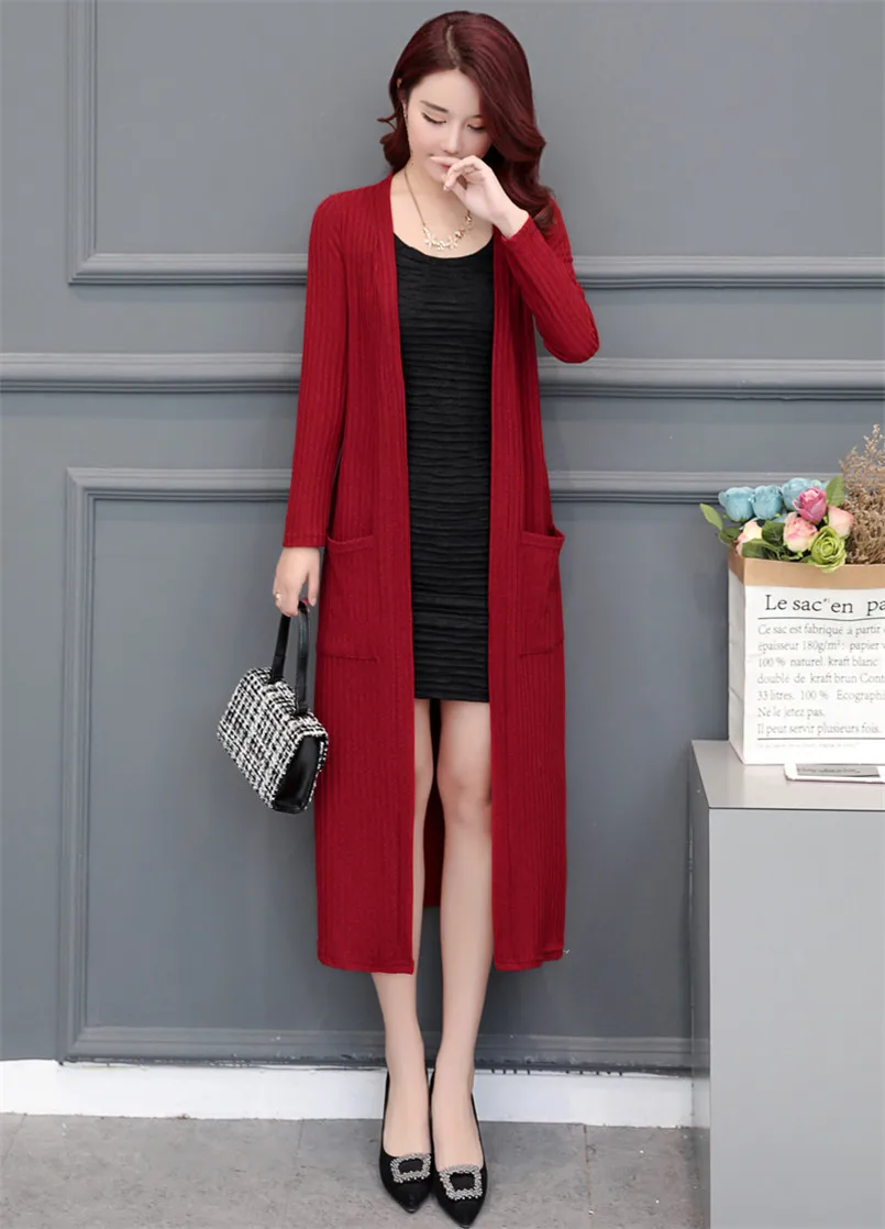 2019 Korean Fashion Long Knit Sweater Women Kimono Cardigan Autumn Full-Sleeved Slim Burgundy Black Red Jacket Coat |