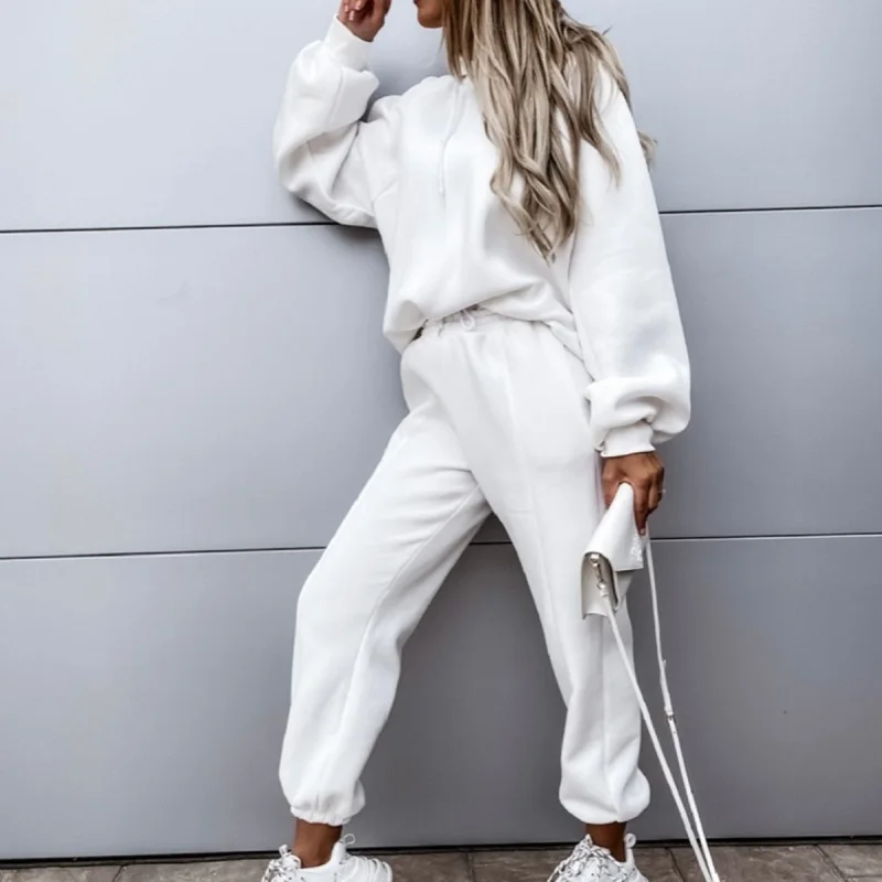 

Batwing Sleeve Hoodies Tracksuits Women Joggers High Waist Drawstring White Pullover Female Pants Suits 2021 Lady Sports Set