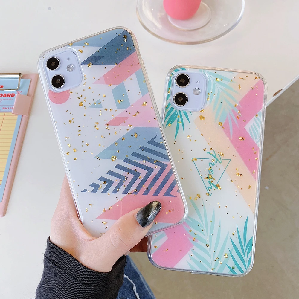 LOVECOM Geometric Splice Leaf Ring Stand Phone Case For iPhone 11 Pro Max XR X XS 7 8 6 Soft Epoxy Sequins Cover | Мобильные