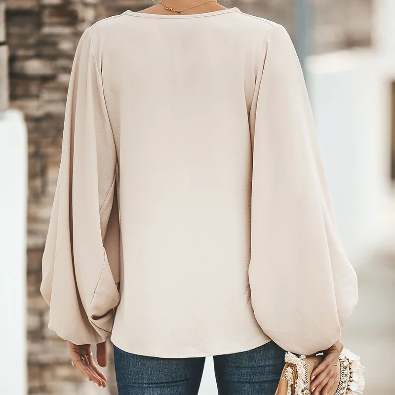 

Plus Size Long Lantern Sleeve Chiffon Shirt Women Spring Summer Fall Solid Color V-neck Loose Blouse Female Fashion Casual Tops