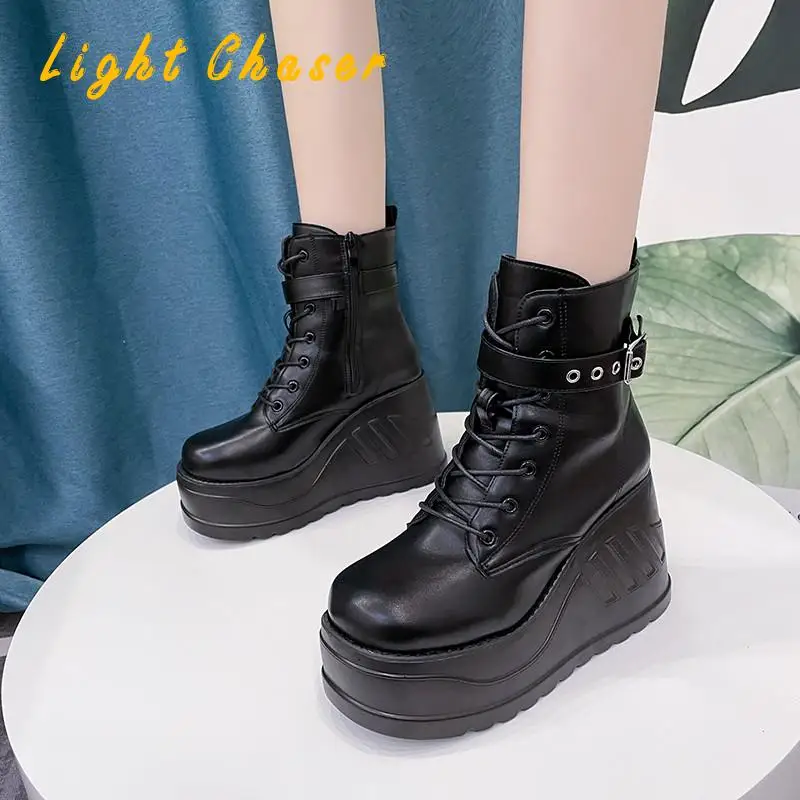 Fashion Punk Style Platform Women Ankle Boots Women's Motorcycle Boot Fashion Ladies Chunky Shoes Wedge Black Big Size 4142 43