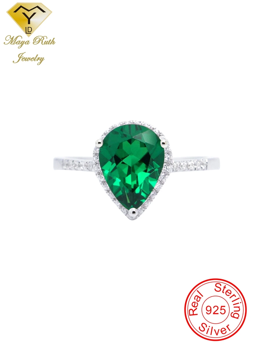 

Created Emerald Real Echt 925 Sterling Silver Party Ring For Women Pear Drop Shape Imitation Green Gemstone Cute Female Gifts