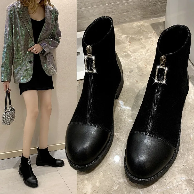 

New Ankle Boots Women 2021 Fashion Zipper Leather Chunky Heel Stretch Boots Ladies Platform Non-slip Martin Boots Botas De Mujer