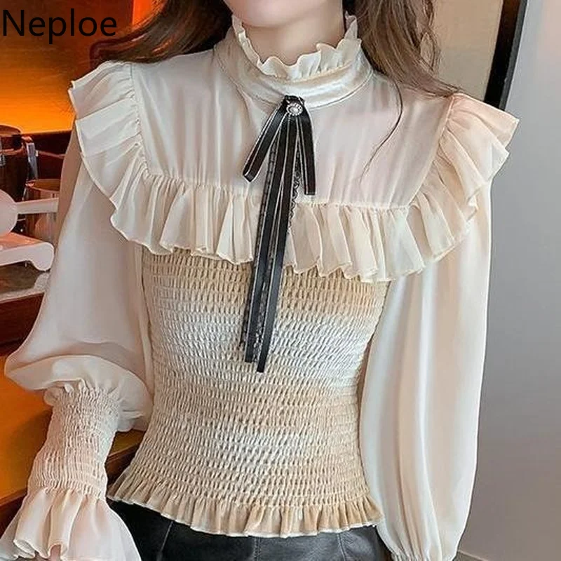 Neploe Blouse Women Chic Stand Neck Bow Shirts Sweet Ruffles Slim Fit Temperament Korean Fahsion Folds Blusas Tops Mujer | Женская