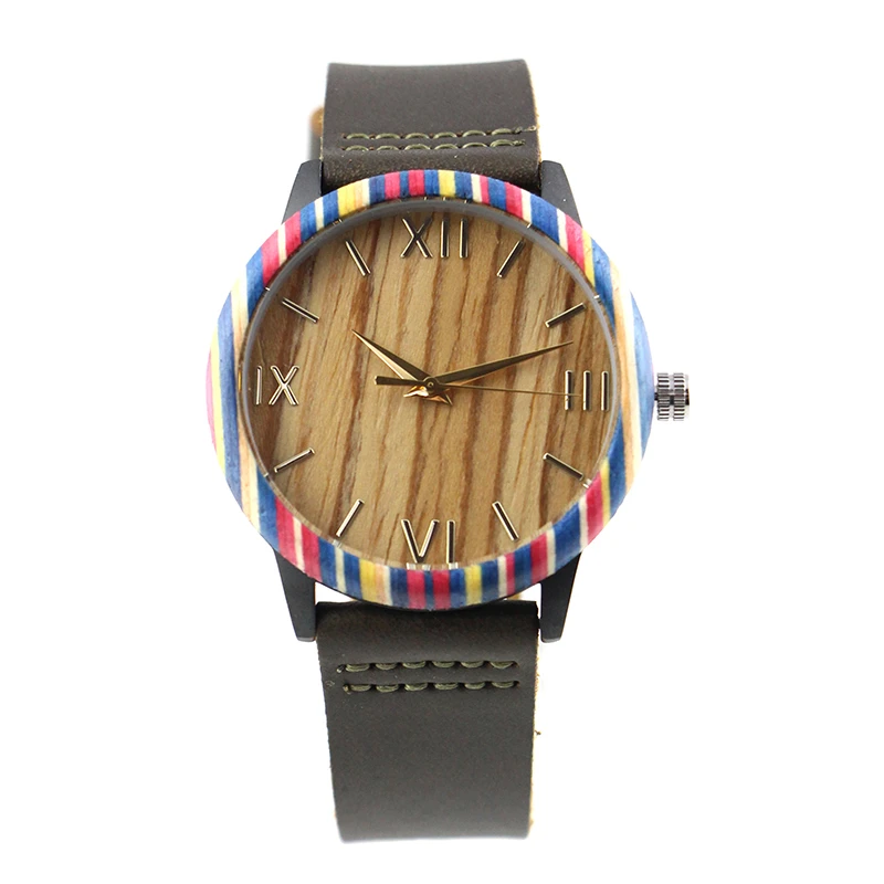 Dropshipping Casual Dress Fashion Women Water Proof Black Alloy Case Brown Strap Female Ladies Zebra Wood Wrist Watch